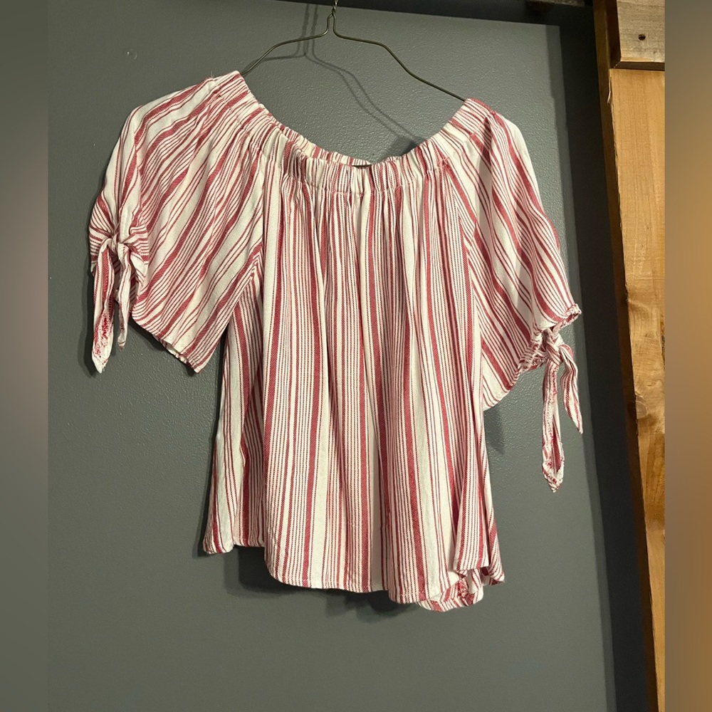 Crimson and white off the shoulder crop top
